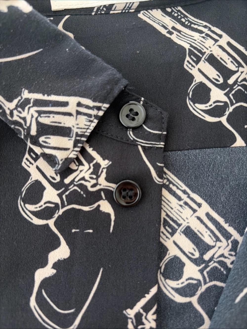 Saint Laurent SILK Black Button-Down Shirt with Ivory Revolver Print - Picture 4 of 9